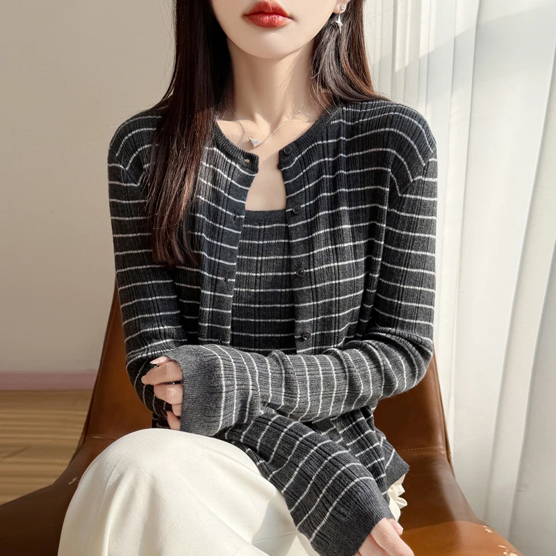 

New Knit Cardigan Strap Sweater Two-piece Set Spring Autumn Round Neck Single Breasted Stripe Paired Casual Knit Sweater Tops