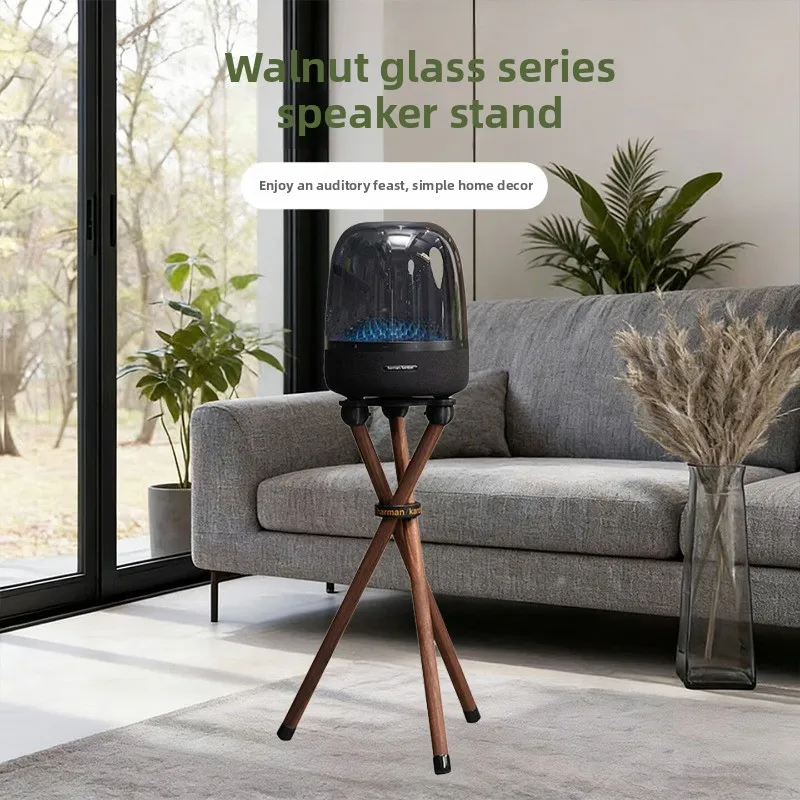 Premium Floor Speaker Stand with Crystal Glass & Walnut Base, Tall Vertical Holder for Bookshelf Speakers, Sturdy Home Decor