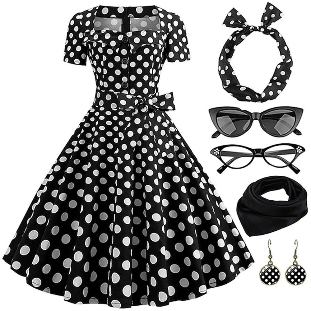 6pcs/set Women's A-Line Dress Polka Dots Swing Flare Dress with Headband Earrings Cat Sunglasse Summer Fashion Dresses