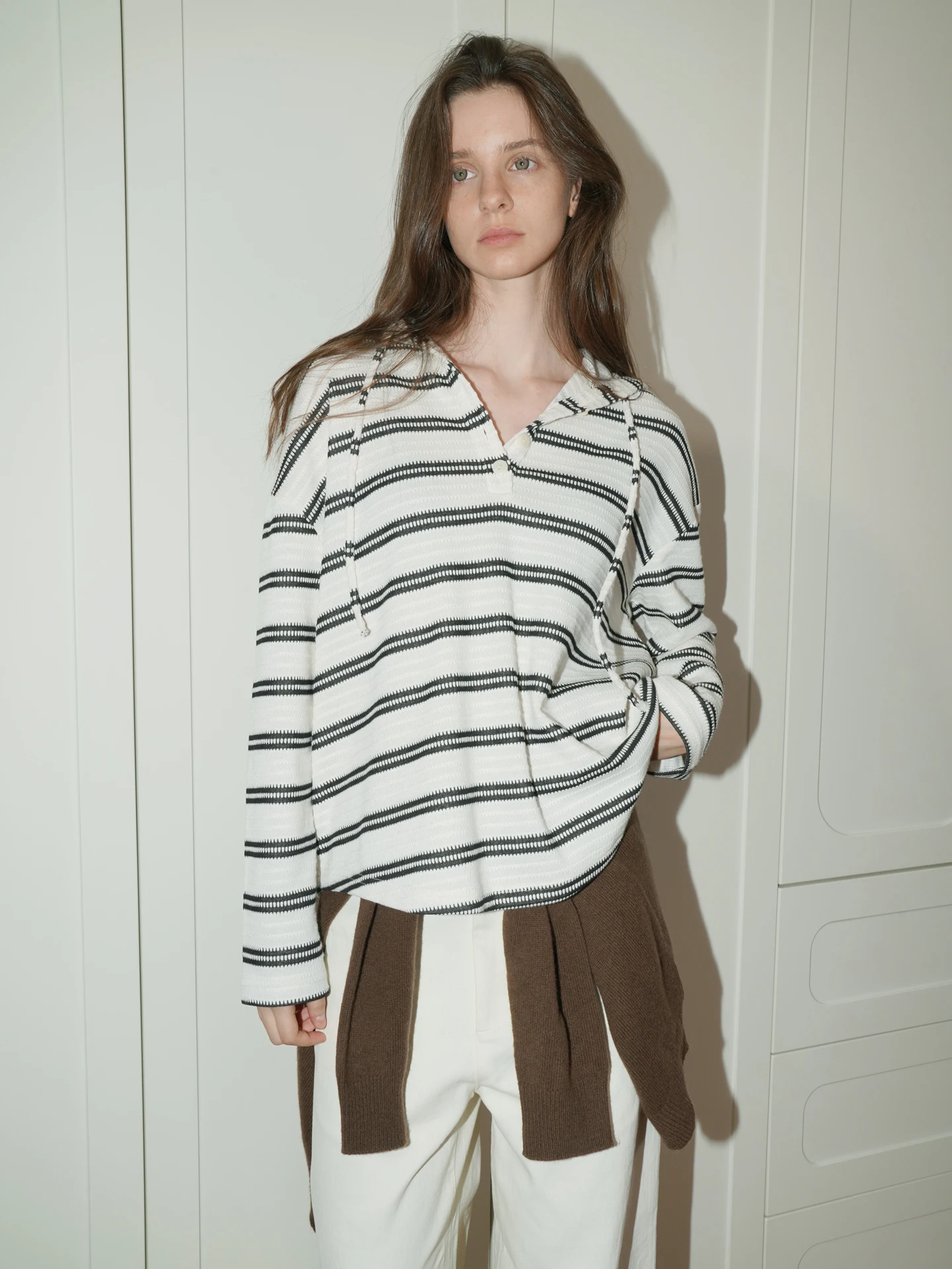 UNNNSAD Casual Loose Shoulder Sweatshirt Women's Stripe Two-color Hoodie Comfortable Breathable Wear-resistant Polyester Cott...