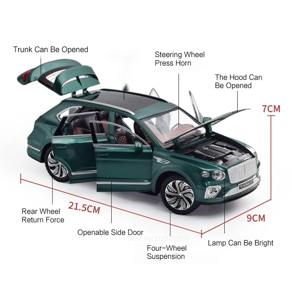 Bentayga-Jouet modèle de voiture en alliage moulé sous pression, véhicule en métal, corps en caoutchouc, 6 portes ouvertes, son et lumière, côtes arrière, cadeau pour enfants, 1/24