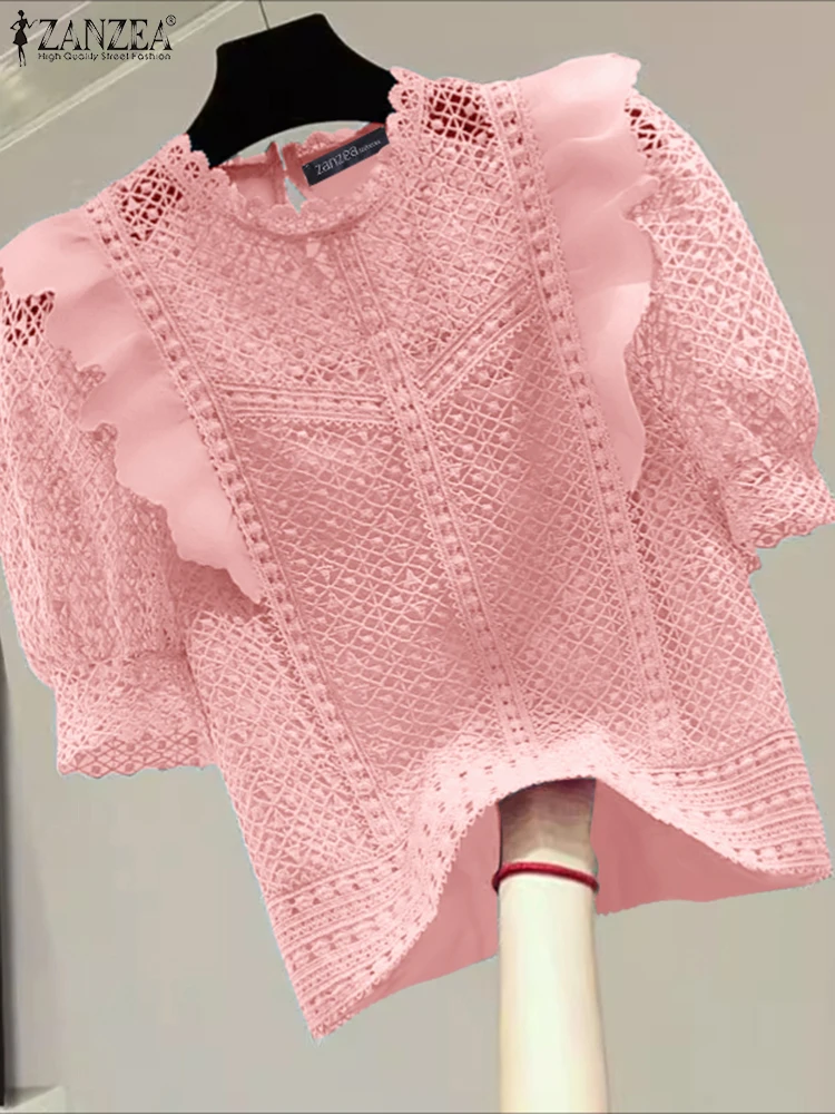 

Лето 2029, кружевная вязаная крючком блузка ZANZEA, женские топы с вышивкой, элегантная рабочая рубашка с короткими рукавами-фонариками, Blusas Mujer Femme