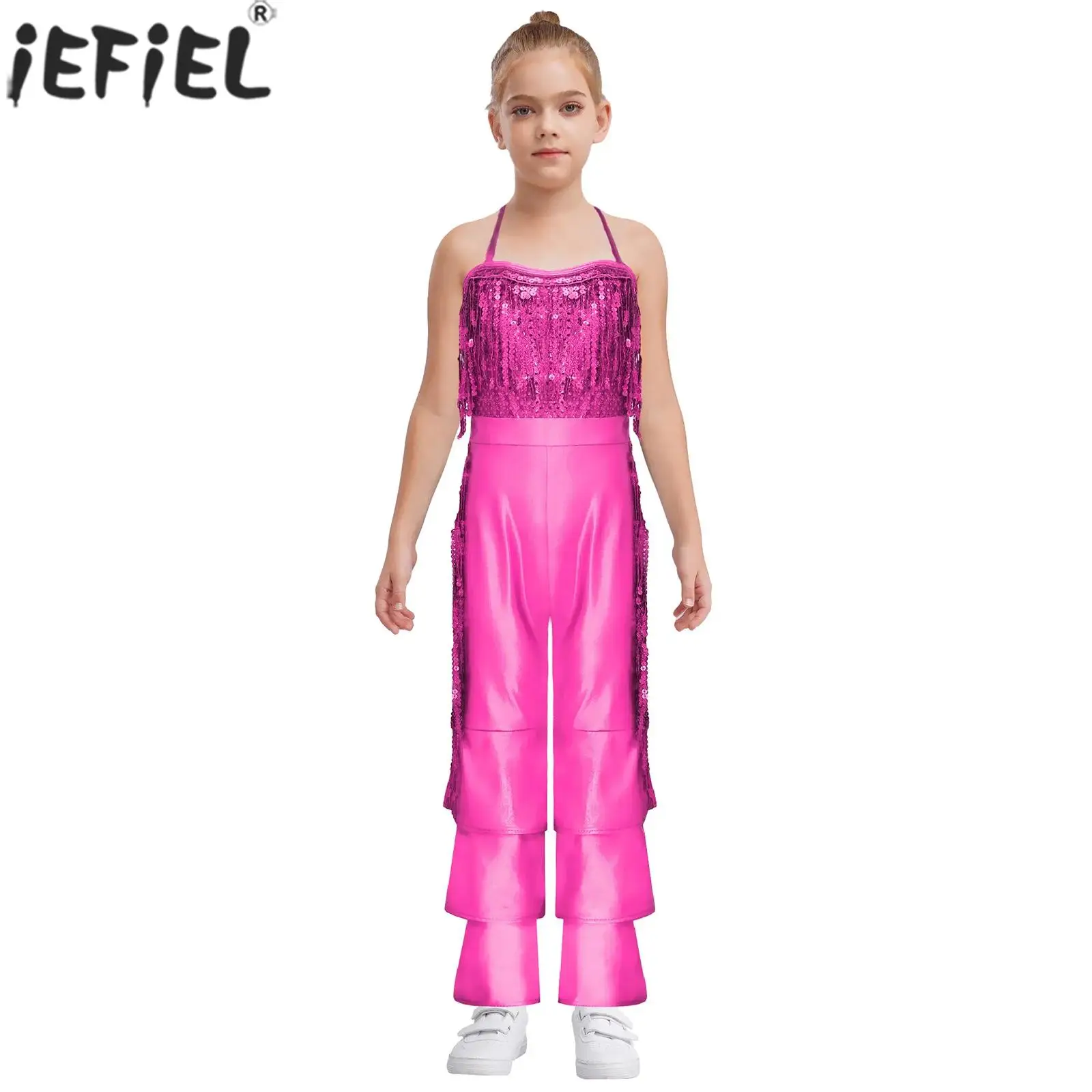 

Kids Girls Halter Shiny Sequins Tassels Disco Dance Flared Jumpsuit Halloween Carnival Movie Character Princess Cosplay Costume