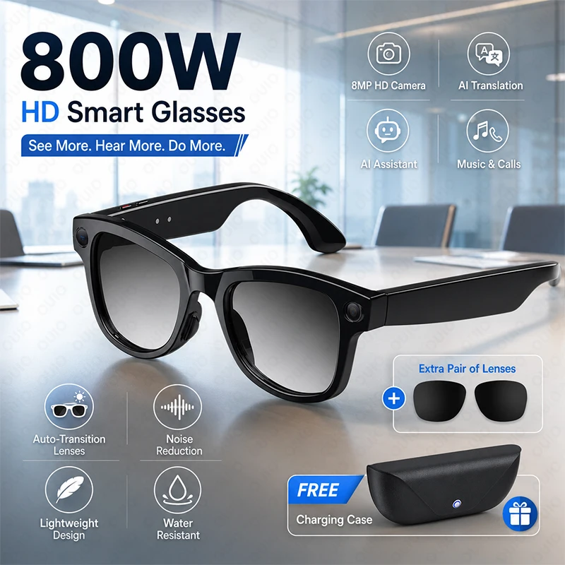 AI Real-Time Translation Sunglasses 8MP Camera Photo Video Recording Bluetooth Music Calling 1400MAH Charging Case Smart Glasses