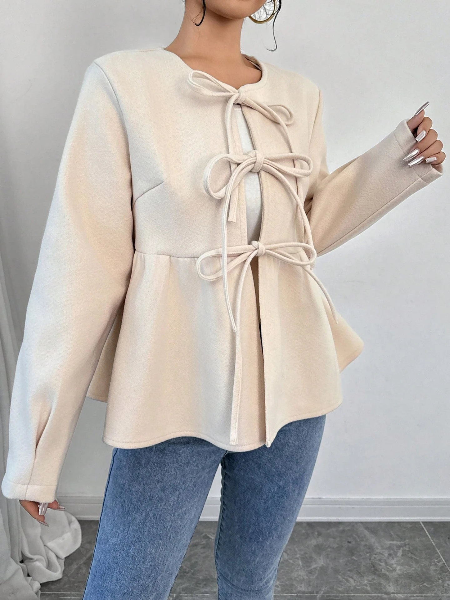 여성용 스위트 보타이 허리끈 숏 코트, 빈티지 스타일 라운드넥 벨 슬리브 슬림핏 울 코트