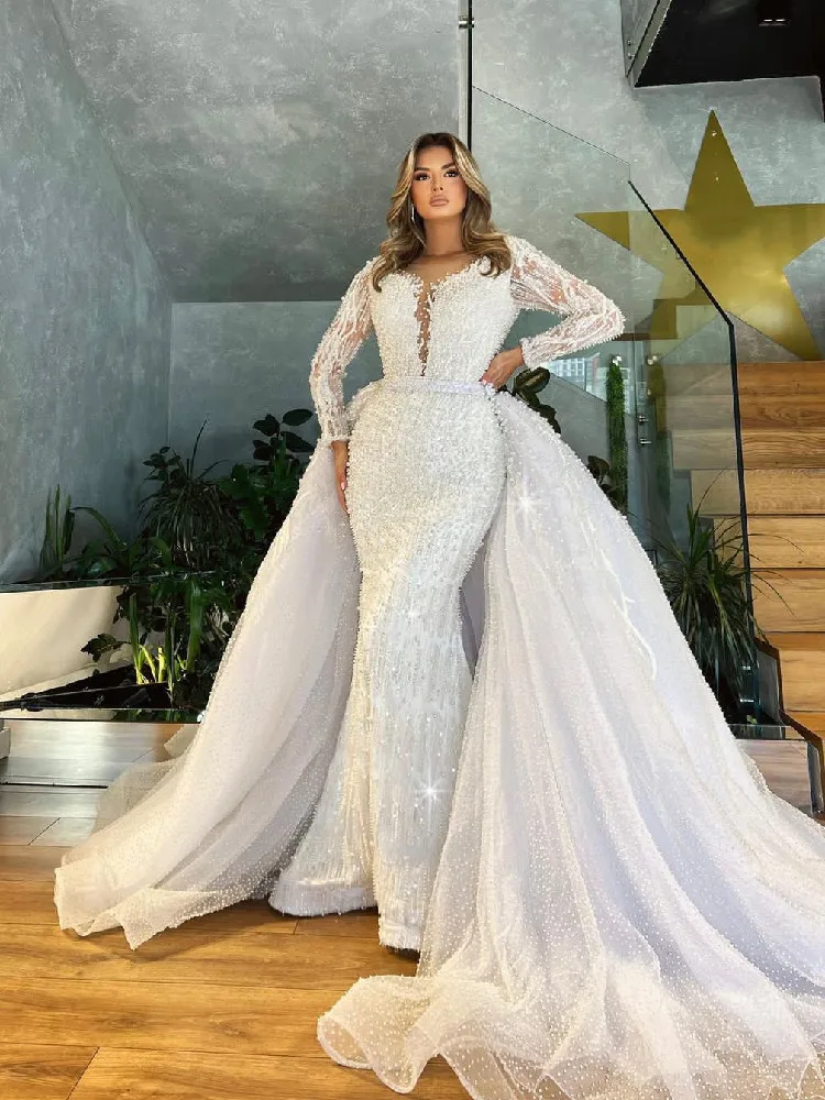 

Elegant Wedding Dresses Long Sleeves V Neck Sequins Appliques Lace Pearls Beaded Detachable Train Bridal Gowns Vestina De Novia