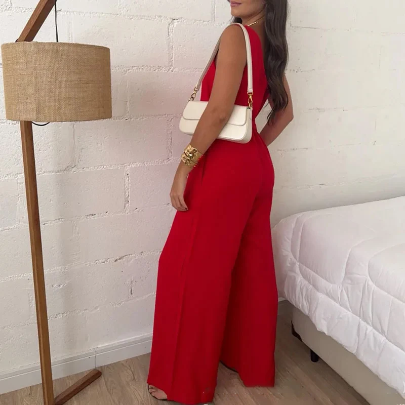 

Женский повседневный комбинезон с широкими штанинами, простой однотонный комбинезон с высокой талией, прямой крой, летний комбинезон без рукавов на бретелях 2026