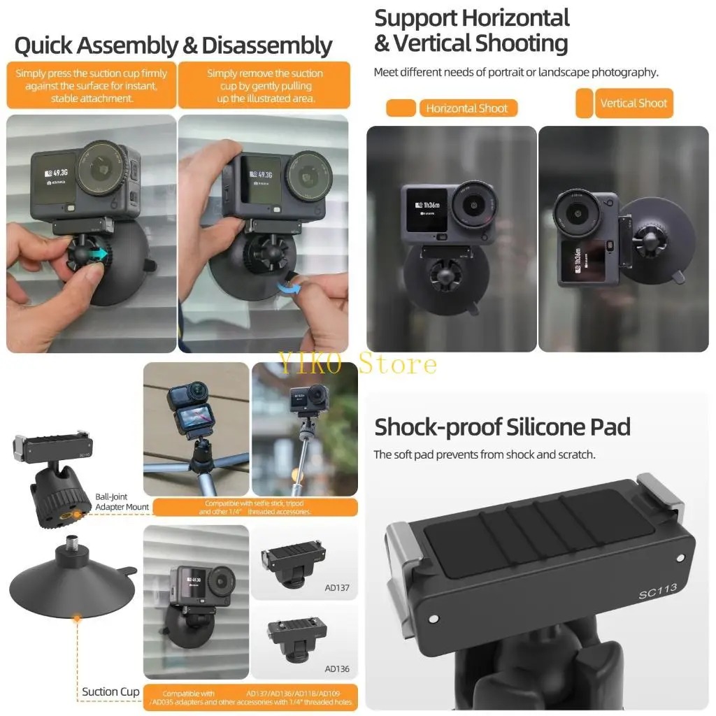

K32C Camera Suction Cup Mount For Action 6 Cameras Outdoor Recording