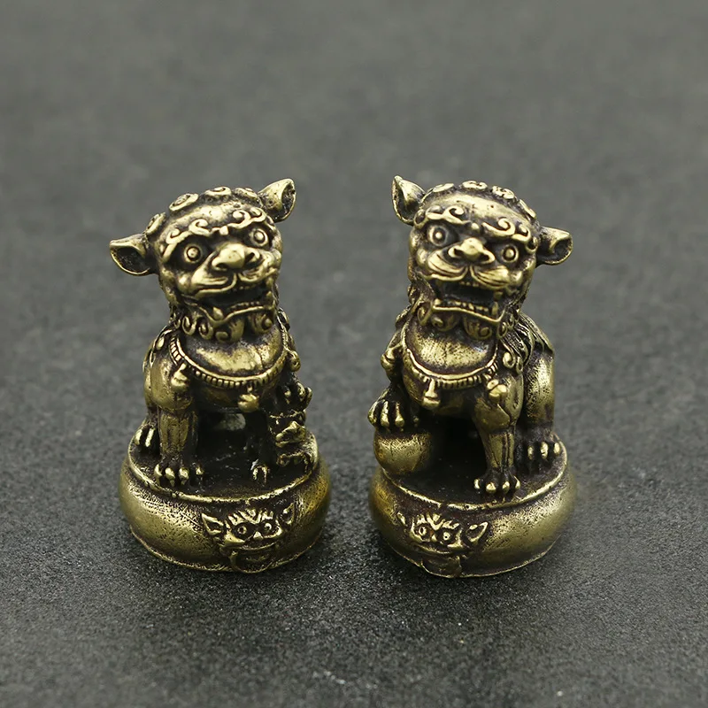 Vintage Copper 1 pair Lions stand on Drum Figurines Chinese Feng Shui Home Desk Decoration Accessories  Brass Animal Ornaments