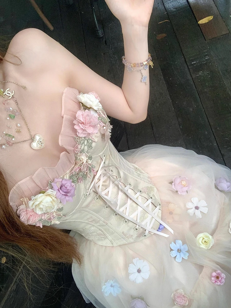 REDDACHiC Summer Blossom Women Tube Top Skirt Set 3D Floral Lace Up Corset Puffy Elastic Waist Tutu Skirt Fairy Summer Clothes