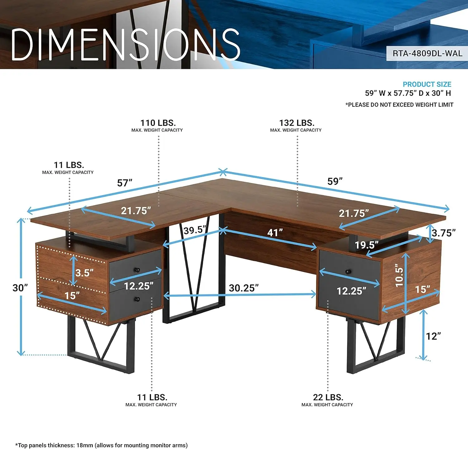 Mesa reversível em forma de L com arquivo e gavetas 59" de largura – Mesa de escritório moderna e versátil em forma de L com gavetas