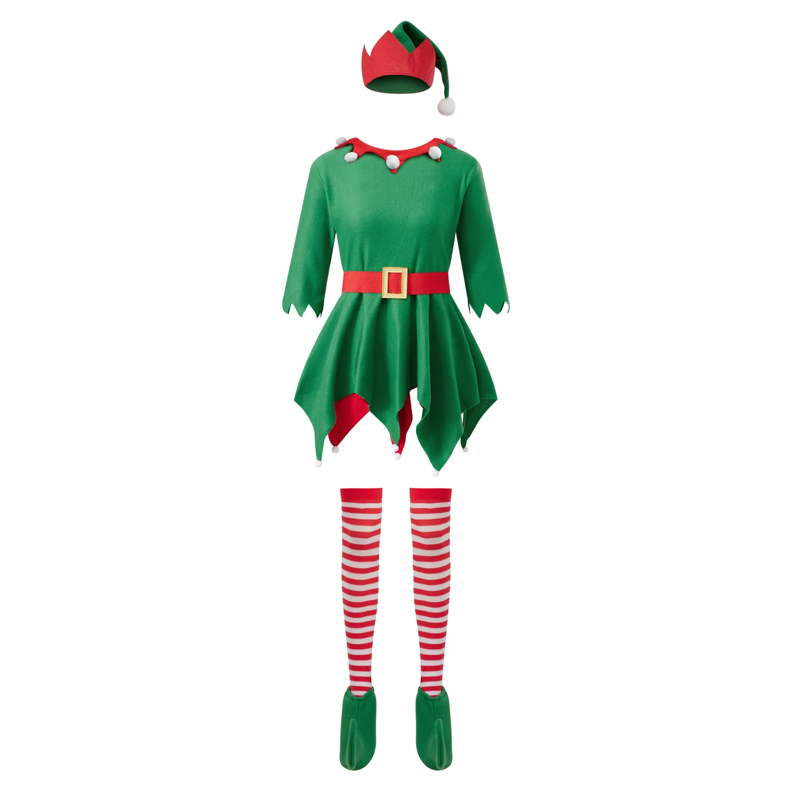 

Women Halloween Cosplay Costumes Green Funny Contrast Color Dress with Stockings+Belt+Hats+Boots Xmas Party