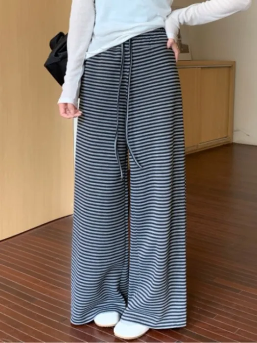 

Весна 2026, женские свободные широкие повседневные брюки с высокой талией и полосатым узором, прогулочные прямые брюки-трубы, удобный свободный крой