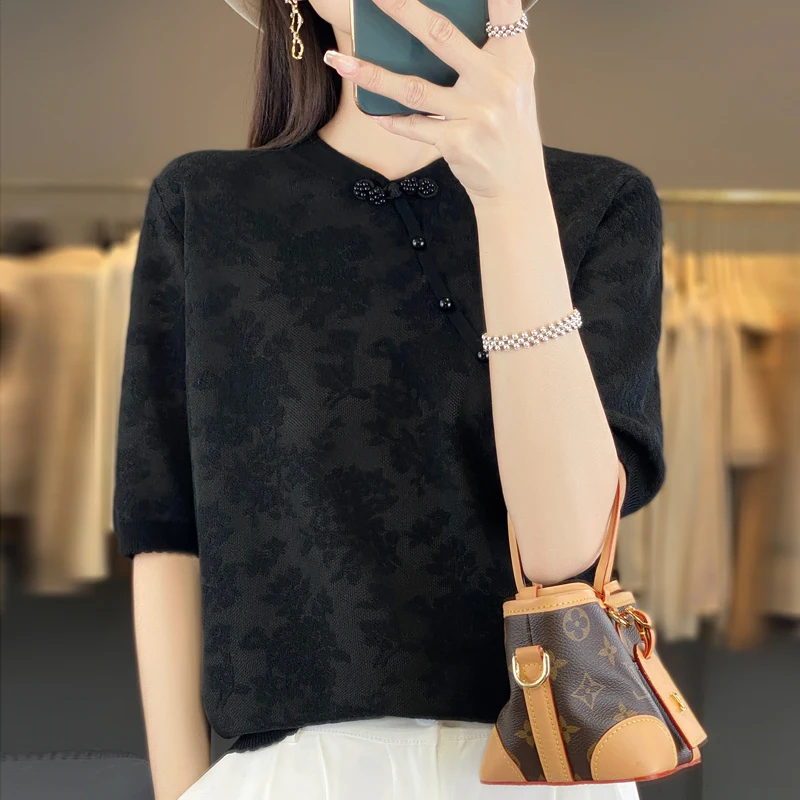 Summer 2024 New 100% Worn Wool Knitted Thin Short Sleeve High End Women\'s Top High Street Korean Fashion Sexy T-shirt