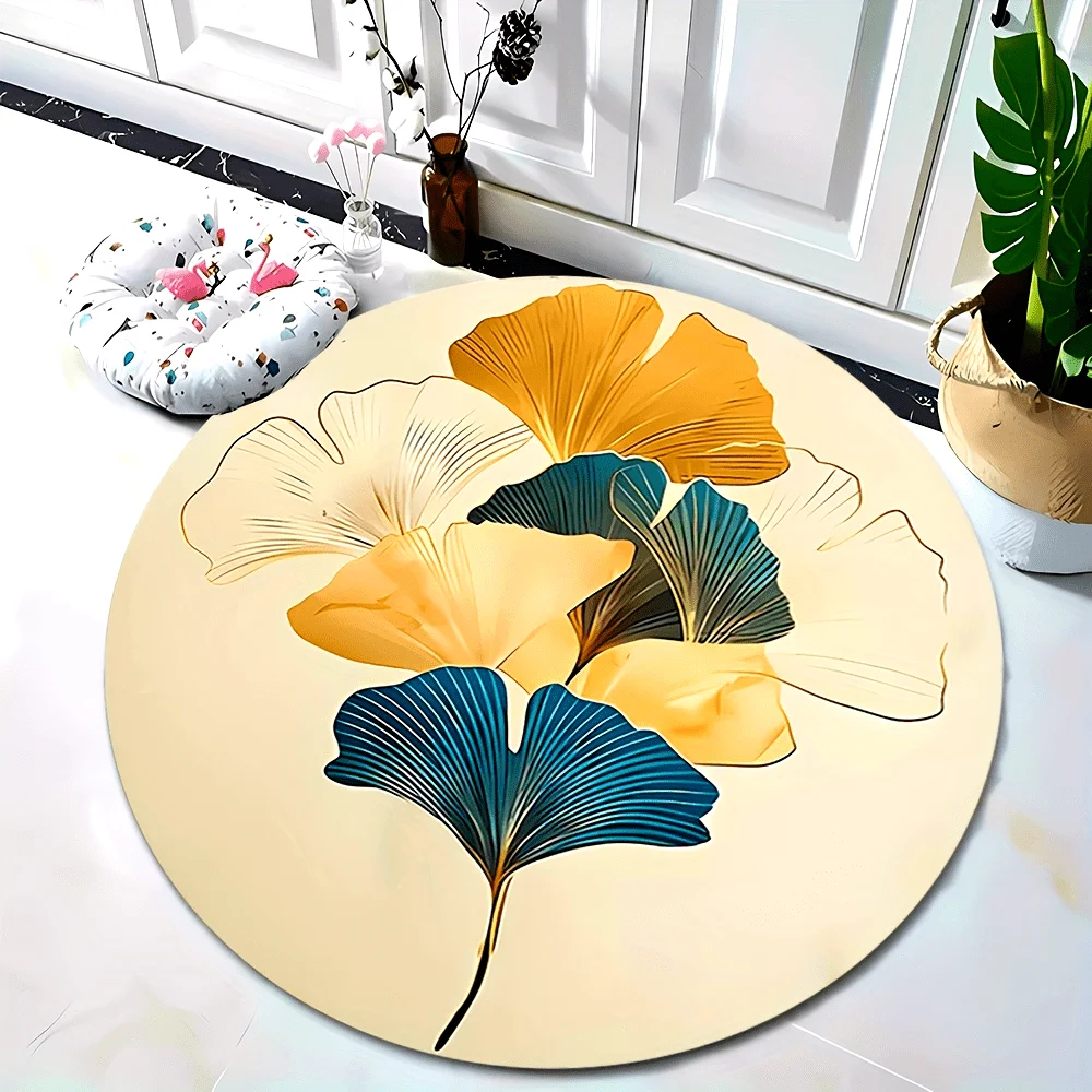 Modern Art Ginkgo Biloba Circular Area Rug  Golden Green Leaf Print Anti Slip Round Doormat Home Chair Carpet