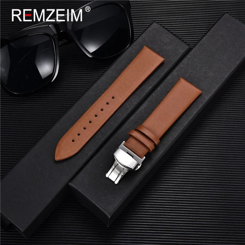 Ultra Thin Leather Strap Watchbands 16mm 18mm 20mm 22mm Watch Strap with Automatic Butterfly Clasp Buckle Bracelets