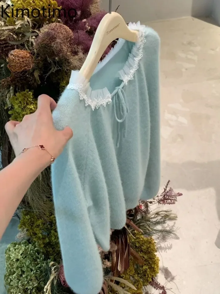 

Kimotimo Gentle Blue Lace Splicing Lace Up Sweater Women Autumn Winter New Sweet Soft Loose Long Sleeve Pullover Simple Y2k Tops