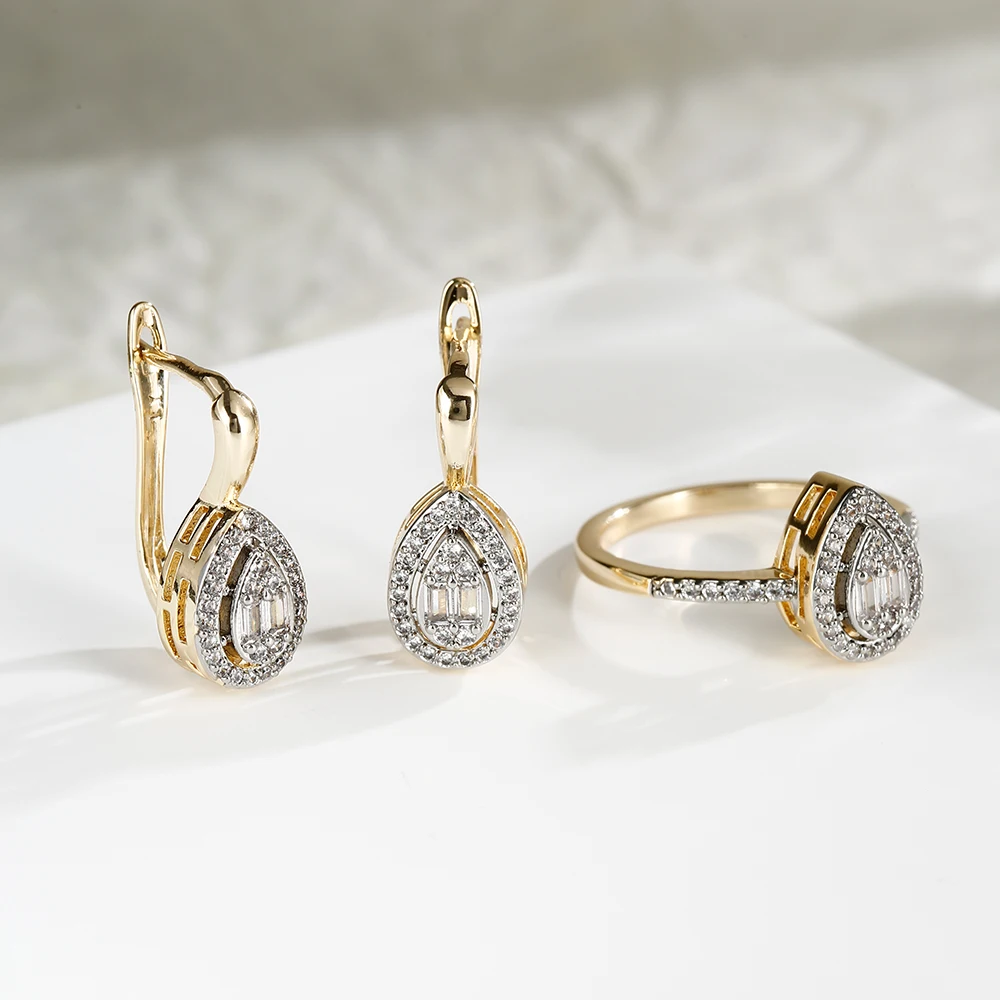 French vintage drop-shaped zircon earrings and ring set two-tone gold banquet wedding accessories gift for mom and girlfriend