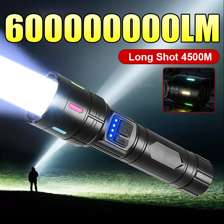 600000000LM High Power LED Flashlight Rechargeable Super Bright Long Shot Tactical Torch Zoom Portable Lantern Outdoor Fishing