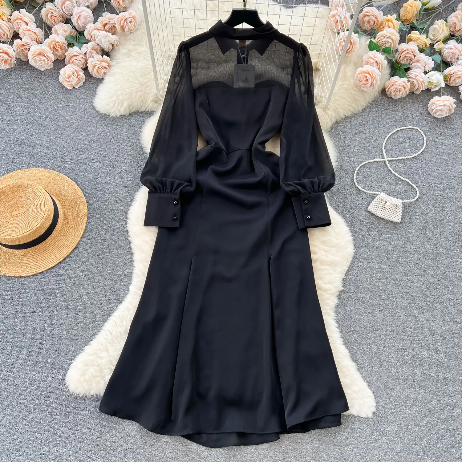 Foamlina Korean Fashion Women Black Mermaid Dress New Spring Sexy Lapel Collar See Through Mesh Long Sleeve Buttons Party Dress