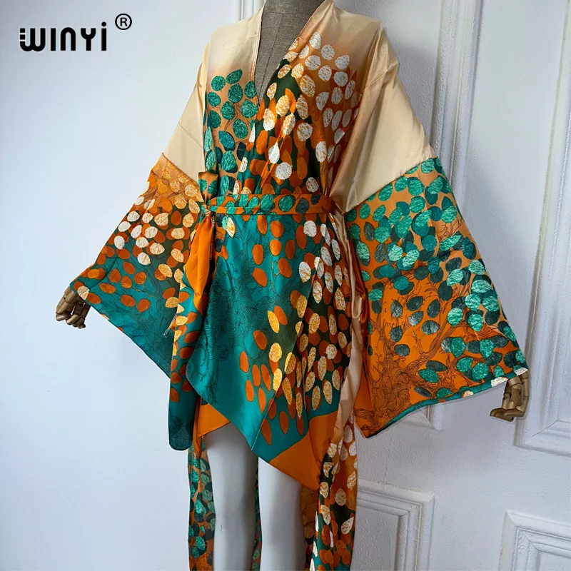 WINYI Summer Beach Wear Cover Up Lady Boho Cardigan printing elegant Silky and skin-friendly sexy Holiday Kimono maxi dress