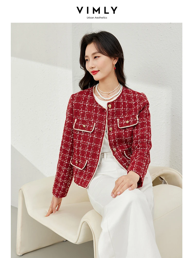 Vimly Red French Style Plaid Elegant Tweed Jacket 2024 Spring O-neck Single Breasted Coat Women Short Female Outerwear M6179