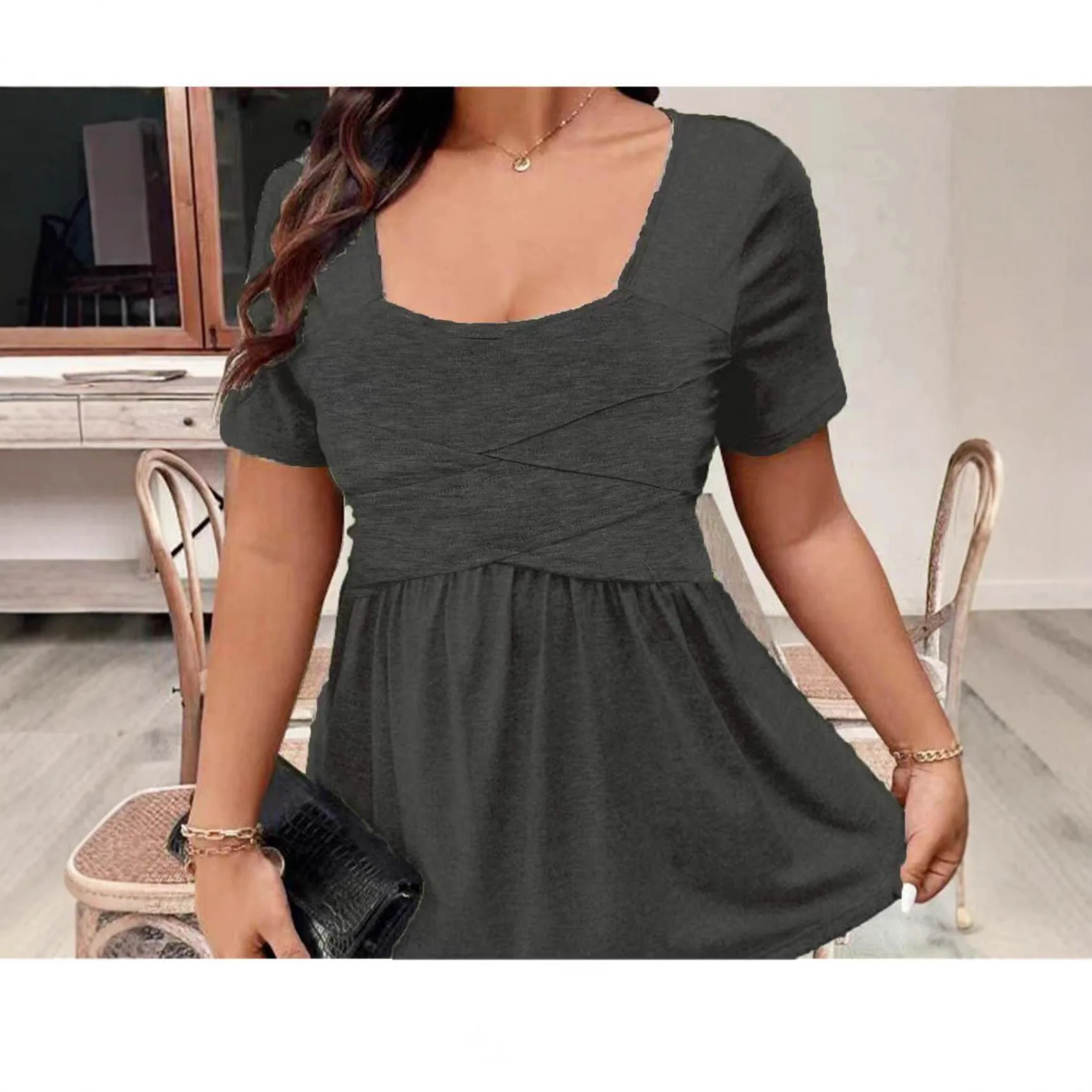 Korean Style Women's Casual Short Sleeve T-Shirt Pure Color Square Collar Front Cross Band Summer Leisure Cotton Top