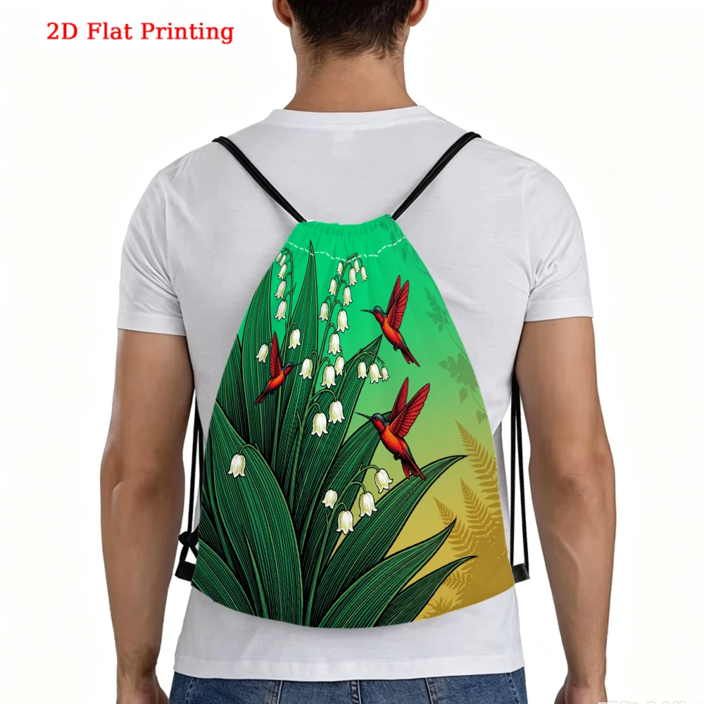 Hummingbirds And Lily Of Valley Drawstring Backpack, Travel Shoe Bag, Fitness Sports Backpack, Travel Outdoor Drawstring Bag