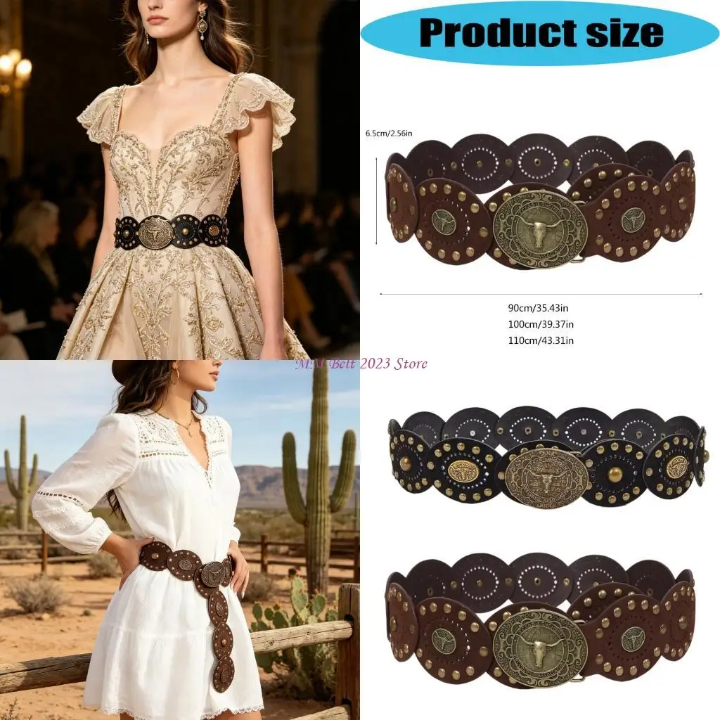 49ME Chinese Round Cake Waist Belt Practical PU Leather Adjustable Belt Matching Belt for Jeans Dress and Skirts