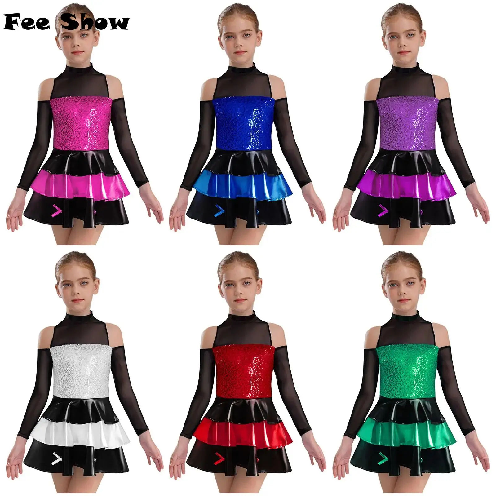 

Костюм для джазовых танцев для девочек, костюм с воротником-стойкой и длинными рукавами, открытые плечи, блестящие блестки, многоуровневое платье с рюшами, танцевальная одежда