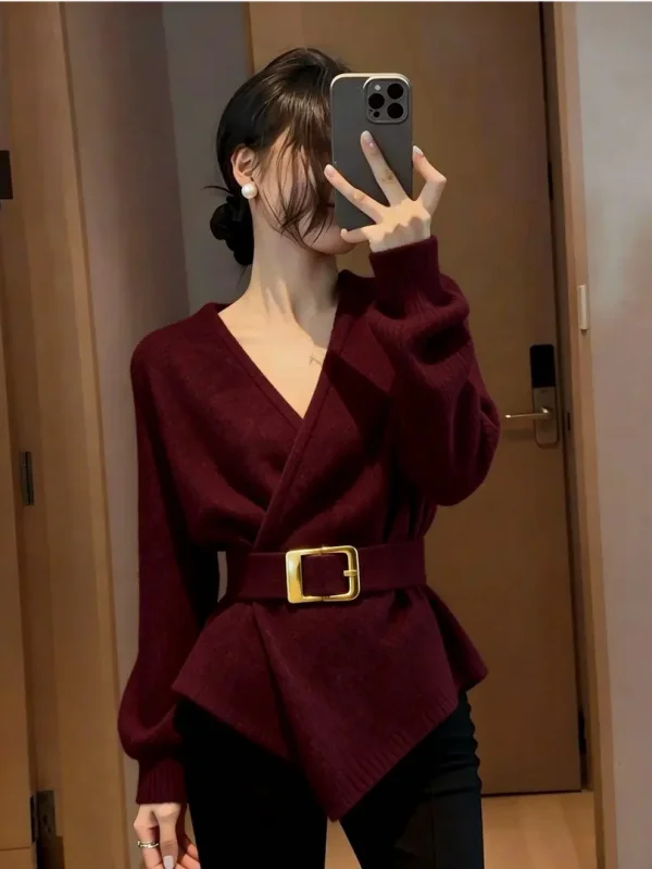 

Вязаный джемпер с V-образным вырезом, облегающий, винно-красный, с длинным рукавом, универсальный, женский, модный, весенний, новый дизайн, французский стиль, из полиэфирного волокна