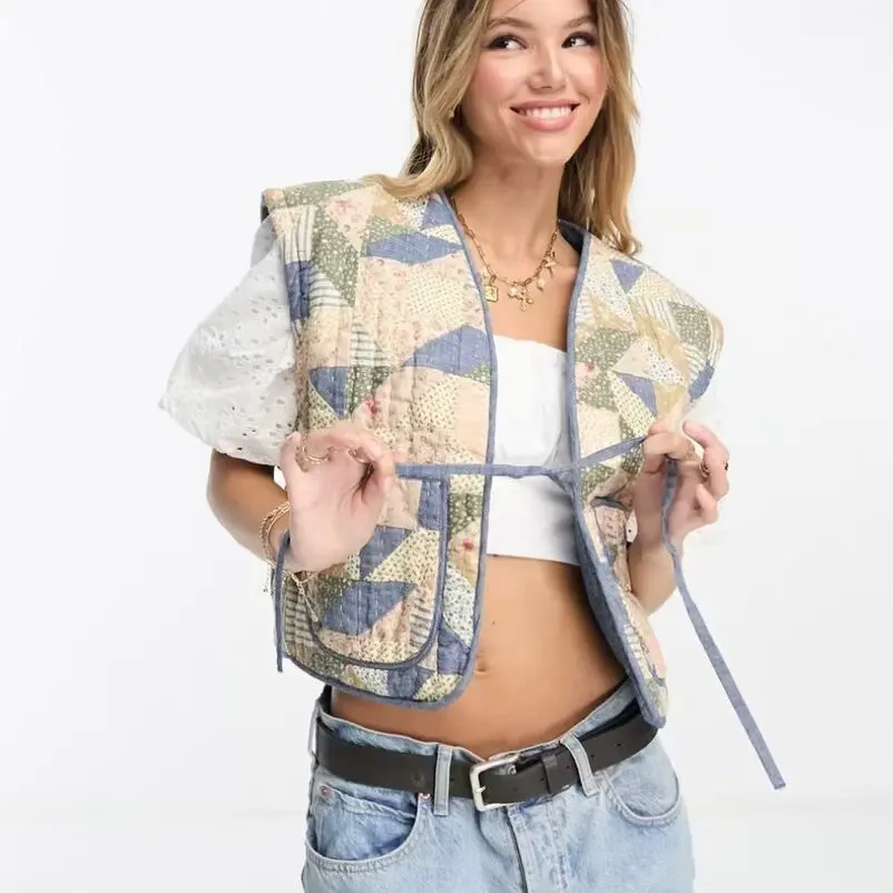 Fashionable Two-Sided Wear Short Vest Women's Clothing Early Autumn New Arrival Versatile Polyester V-Neck Geometric Pattern