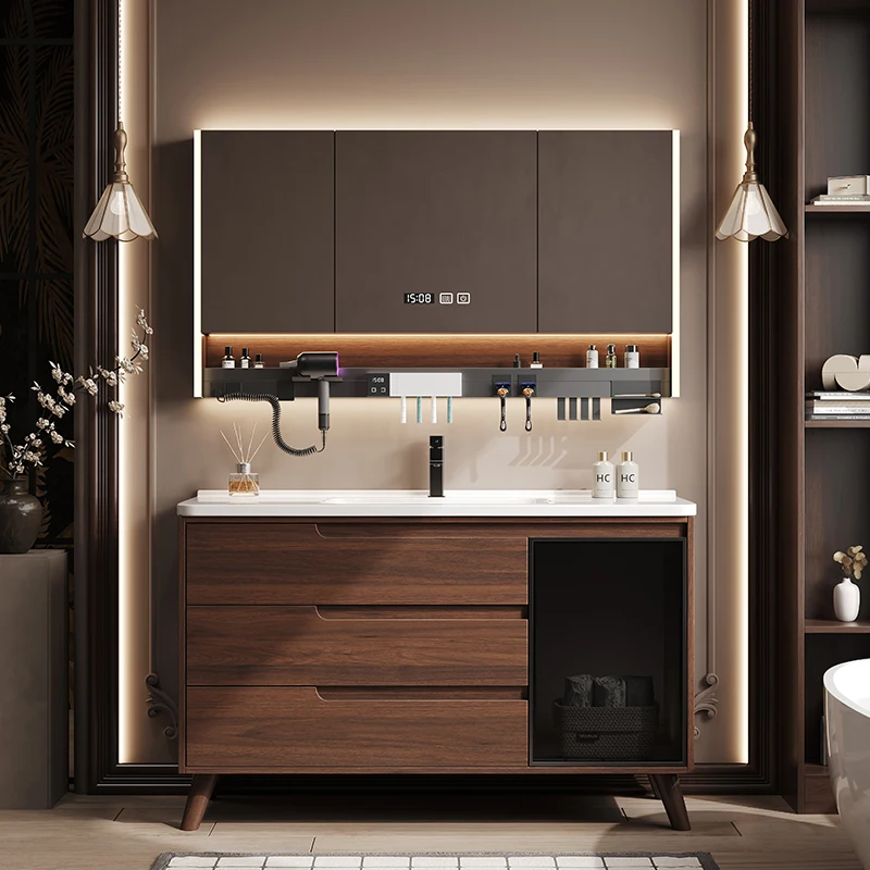 

New Chinese Walnut Color Bathroom Cabinet Combination Bathroom Ceramic Integrated Floor Type Hand Wash Face Basin Set