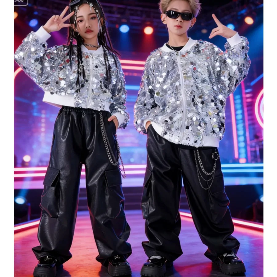 Kinder-Streetdance-Kostüm Pailletten-Auftrittsanzug für Jungen Hip-Hop-Anzug Mädchen Jazz-Tanz-Auftritts-Runway-Kostüm – Detail 1