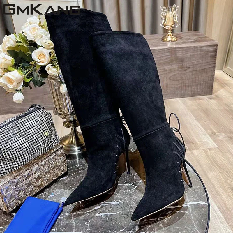 

New High Heels Knee High Boots Women Cross Lace Up Pointed Toe Long Boots Lady High Quality Cow Suede Modern Boots Woman