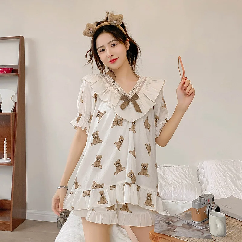

Women Summer Cotton Cartoon Pajamas Lady Two Piece Set Lace Homewear Loose Casual Female Korea Sleepwear Nightwear