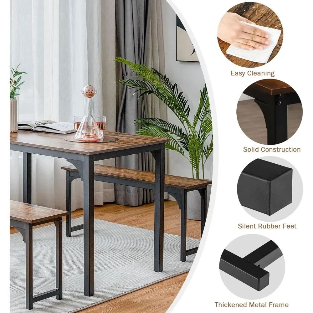 طقم طاولة طعام مكون من 3 قطع لـ 4 أشخاص، طاولة مطبخ مع مقعدين، طاولة غرفة طعام موفرة للمساحة مقاس 43.5 بوصة مع إطار معدني ومتين #4