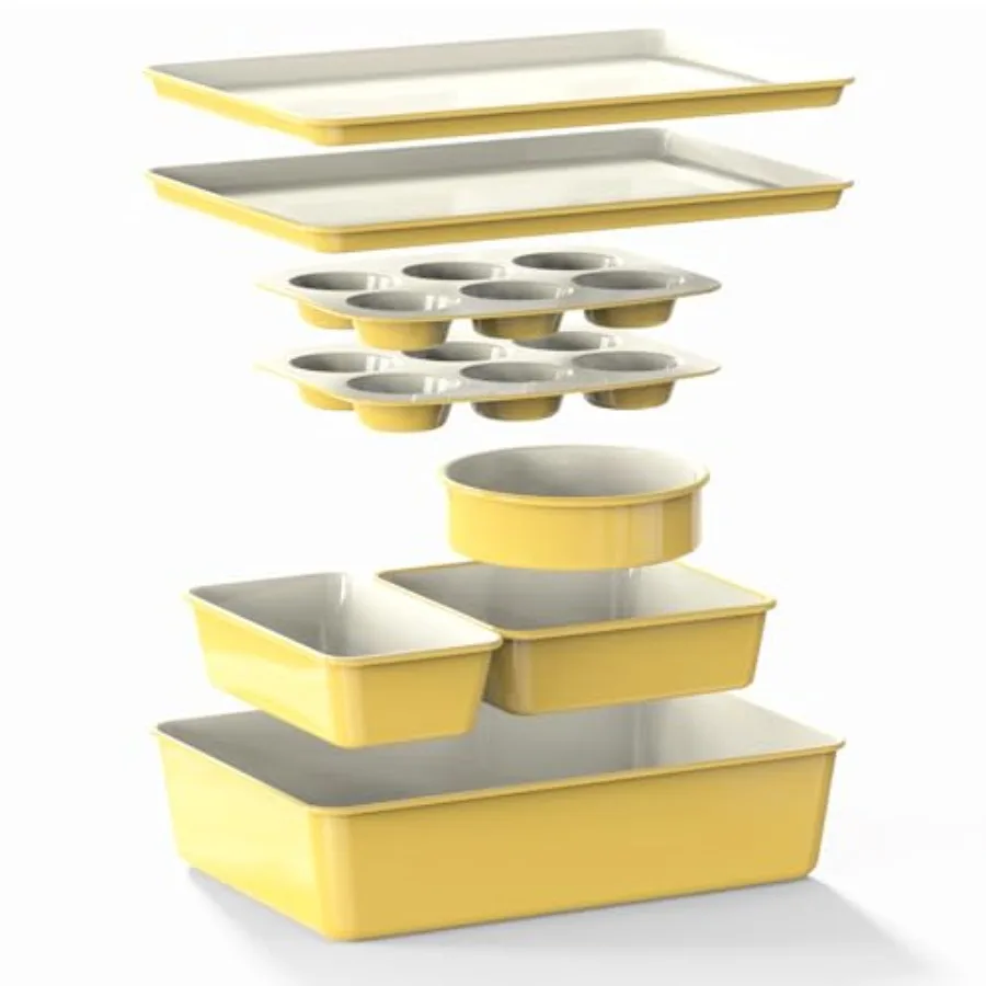 Bakeware set for home baking: ceramic-coated nonstick, limoncello color, non-toxic, includes baking sheets, muffin pan, loaf pa