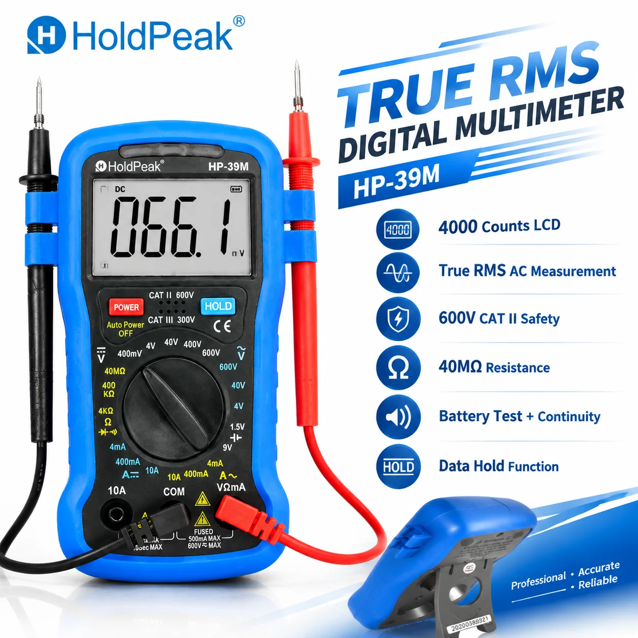 True RMS Digital Multimeter 4000 Counts Auto Range Voltage Tester AC DC Amp Ohm Meter CAT Safety Electrical Tester DIY