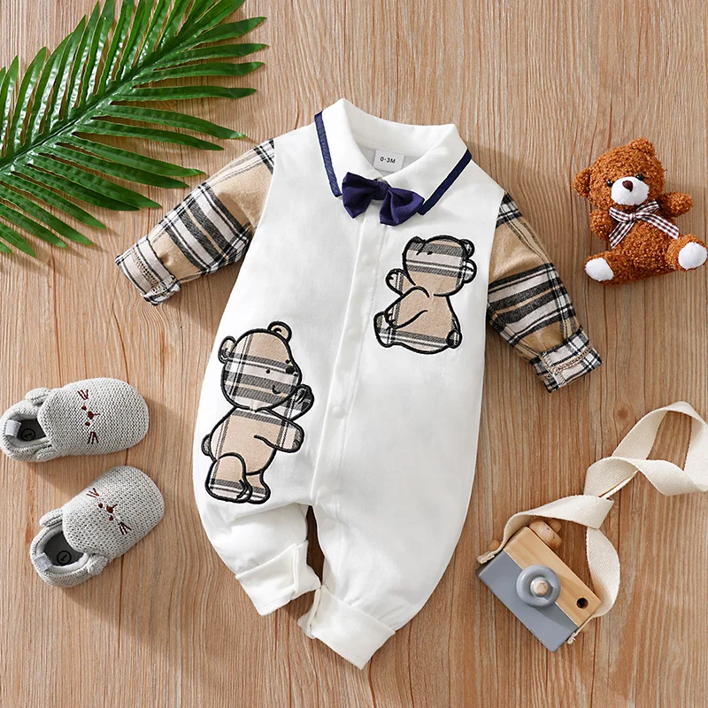 Newborn Baby Clothes 0-12 Months Khaki bear print Cotton Long Sleeve Footies Toddler Boy Clothes Kids Jumpsuit Pyjama Bebe