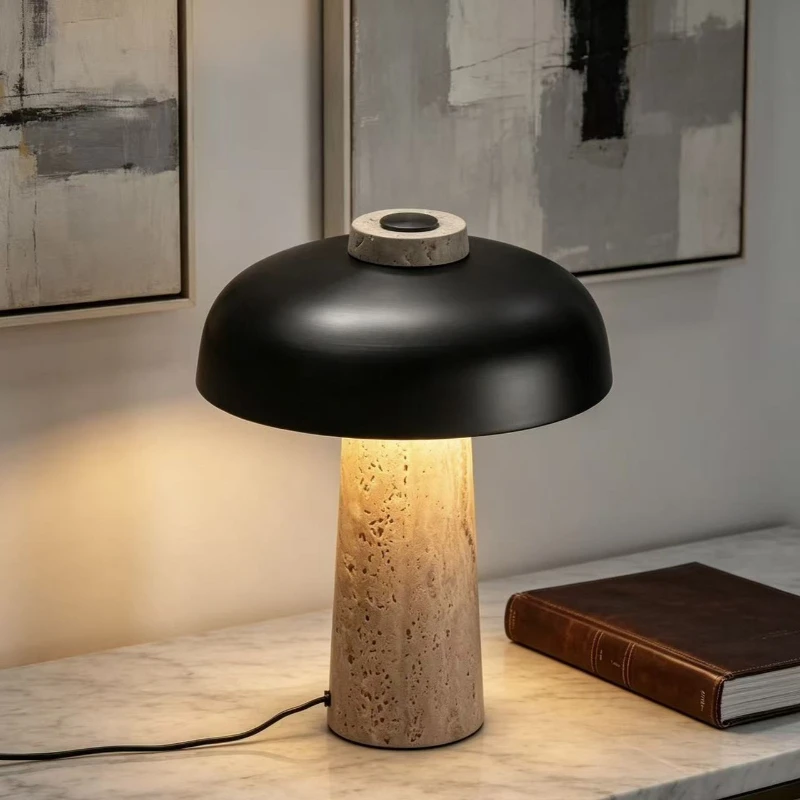 Medieval natural travertine base creative mushroom decorative table lamp light luxury high-end bedroom bedside atmosphere