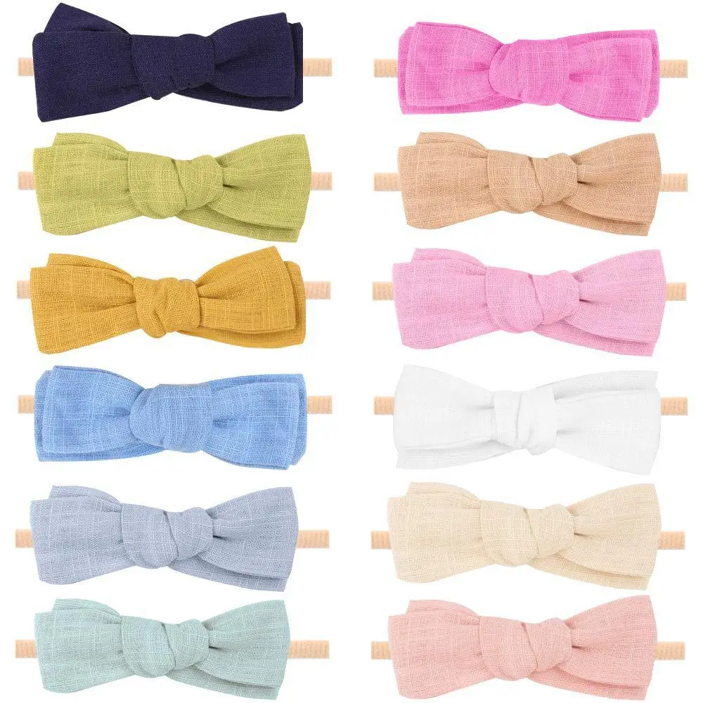 

36pc/lot Solid Color Linen Cotton Hair Bow Nylon Headbands Baby Girls Bowknot Nylon Turban Toddler Hairband Headwear Wholesale