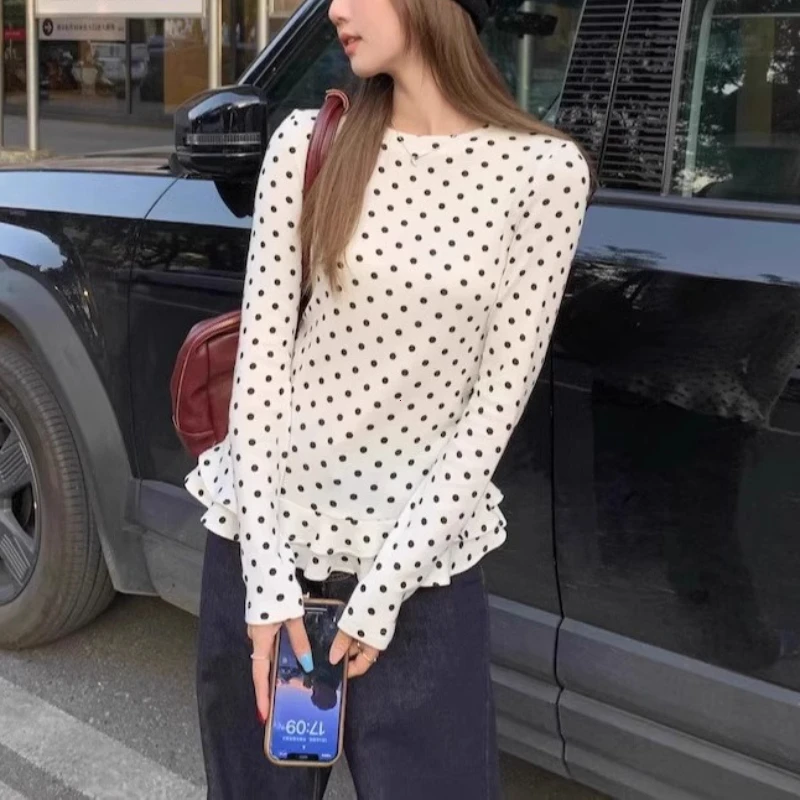 Korean Style New Ruffle Trim Long Sleeve T-Shirt for Women Polka Dot Thin Interior Vintage Sweet Shirts Women Clothes Милый Топ