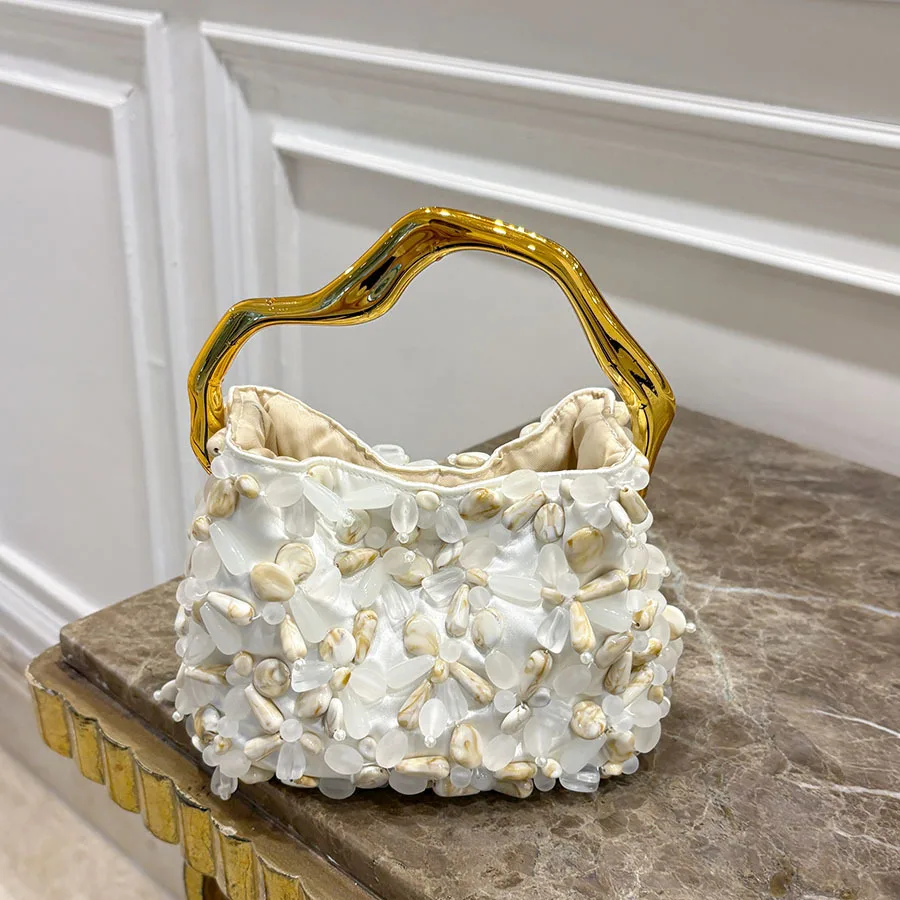 Fashion beach vacation style natural stone armpit bag gentle pearlescent beaded design metal special-shaped handbag