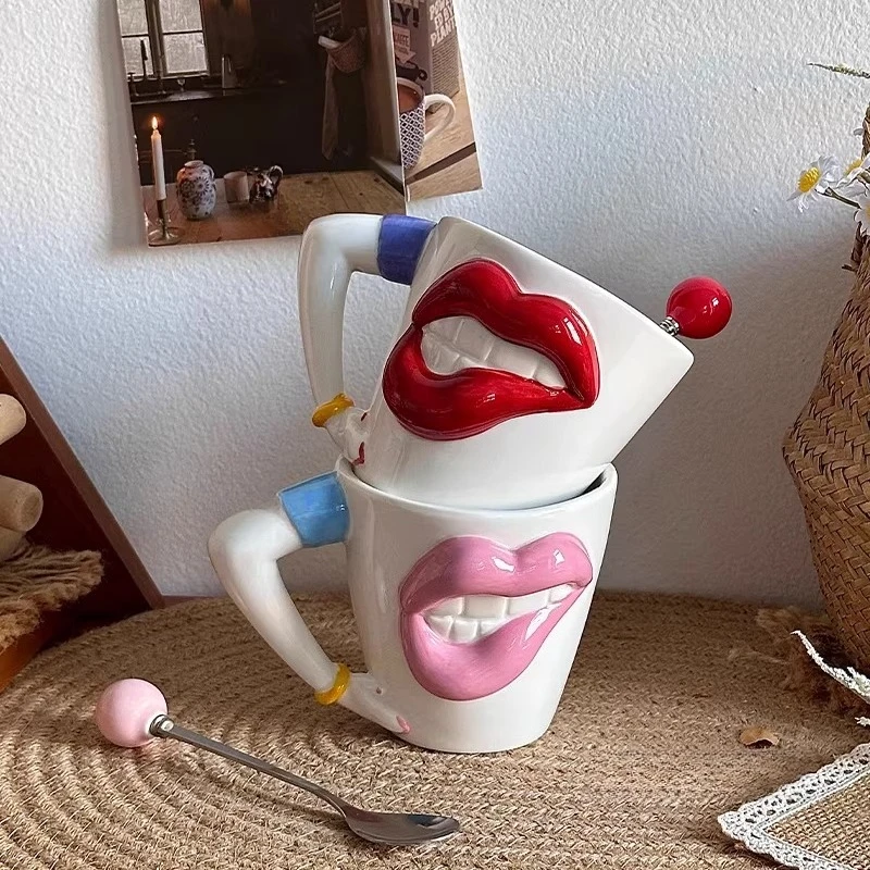 Creative three-dimensional lip ceramic mug,coffee cup with a spoon,couple's mug,funny graduation season gift,birthday present
