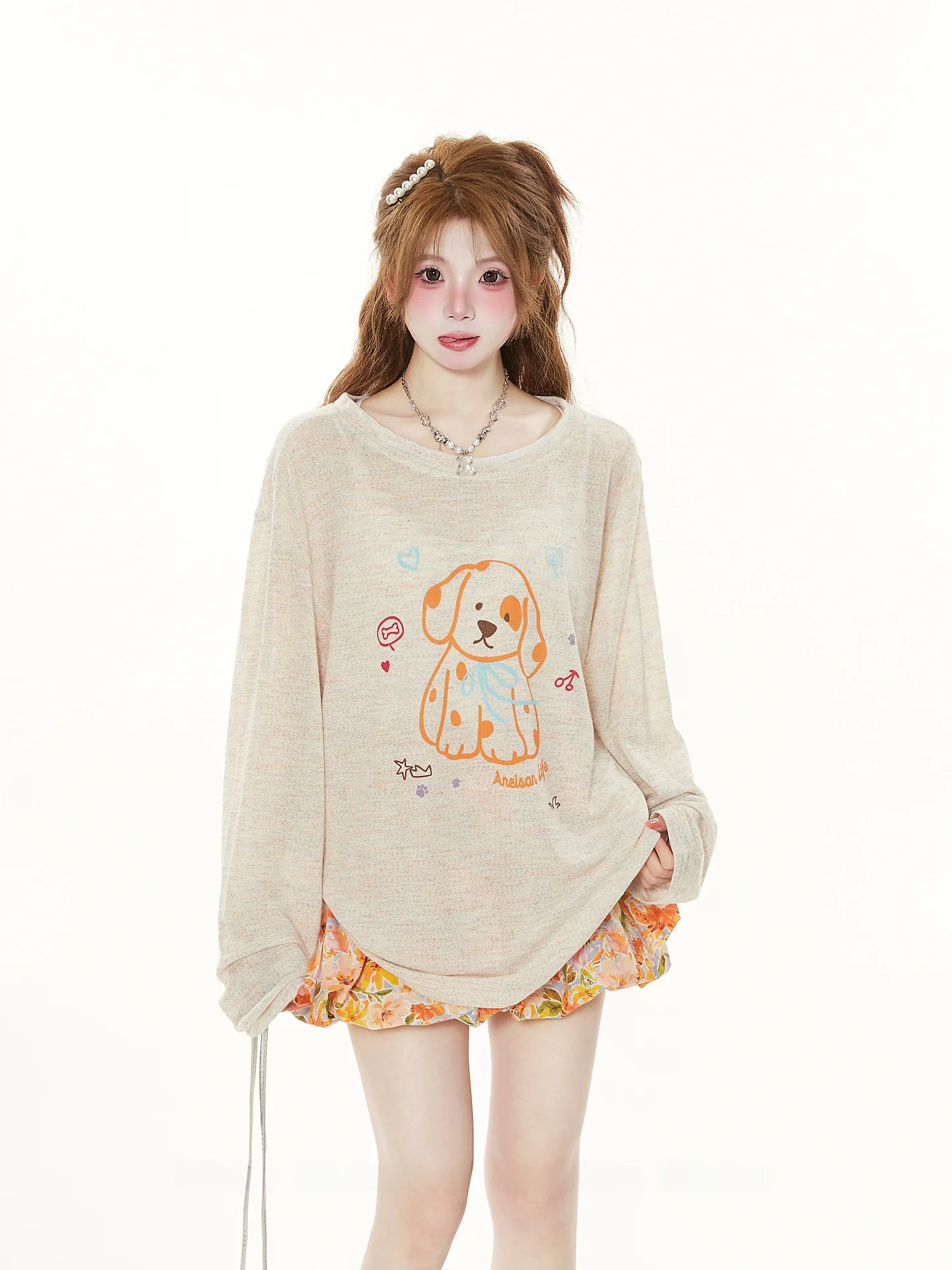 Korean Style Long Sleeve Loose Fit Printed T-Shirt Women's Spring Autumn Dog Print Casual Slimming Sunshade Top