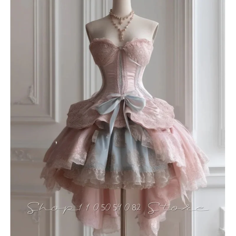 

Fantasy Mini Pink Lace Evening Dresses Sweetheart Neck Corset Embellished Ruffle Party Birthday Costume Prom Dresses Customized