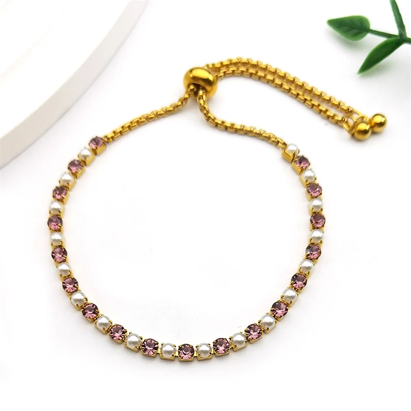 Transparent Pink Rhinestone Bracelet for Women Girls White Pearls Stainelss Steel Gold Color Party Hand Chain Jewelry Gifts