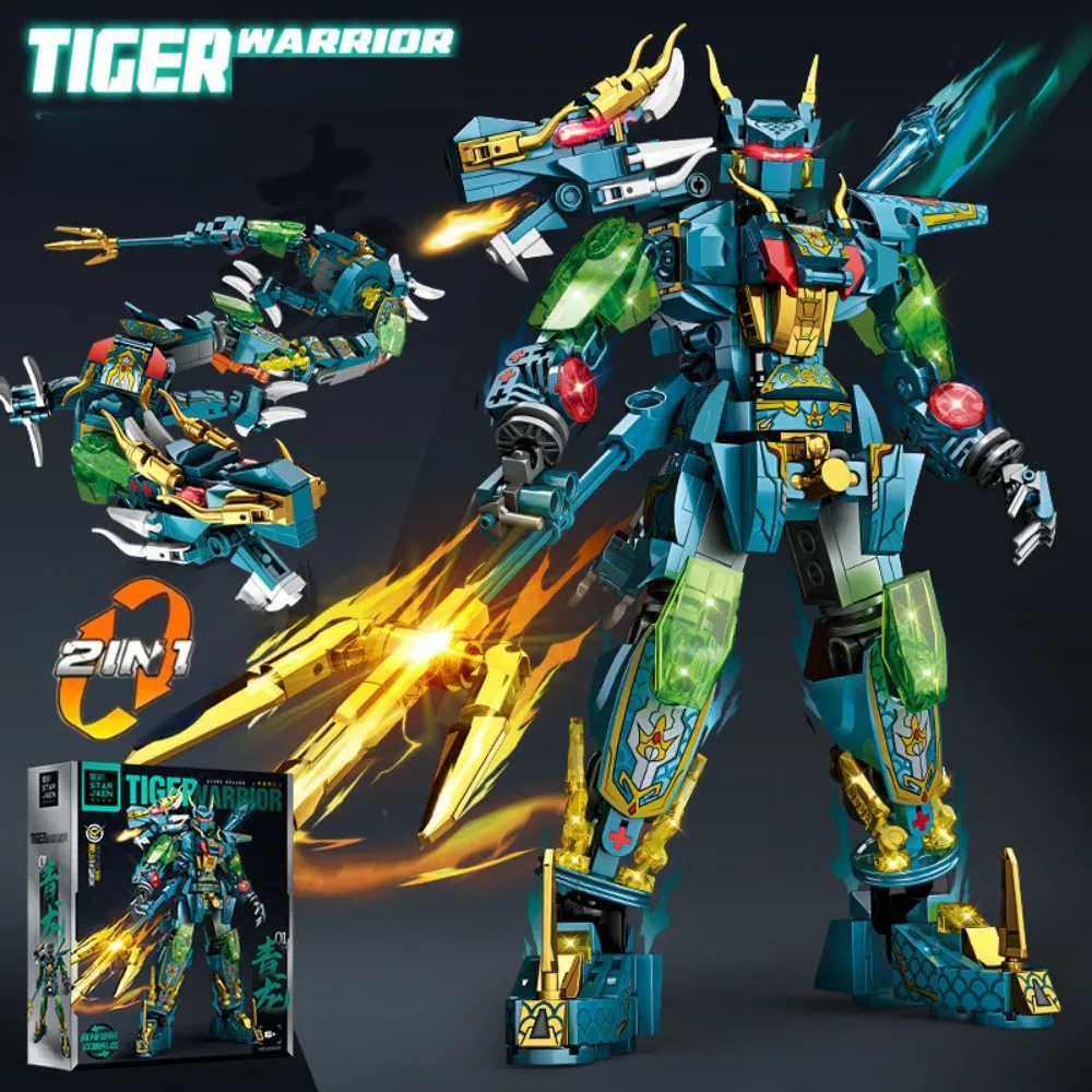 Green Dragon White Tiger Suzaku Basalt 2 in 1 Transform Mecha Warrior Building Blocks DIY Creative Model Bricks Toy for Boy Gift