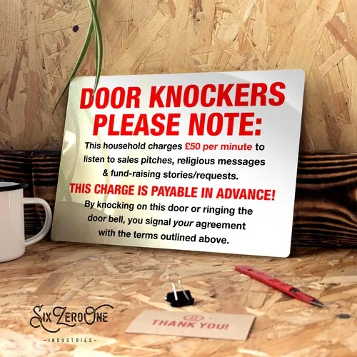 Door Knockers 50 pounds metal sign. Worn rusty/Clean look  print cold caller --Tin Sign